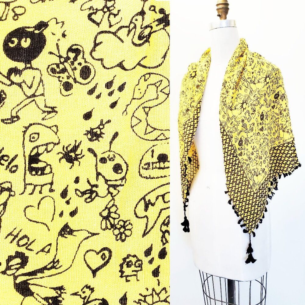 Steve Madden Huge Yellow Black Scribble Whimsical Scarf with Tassels NWT